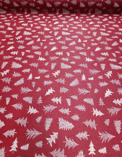 Dekorvászon - piros fenyőfás karácsonyi impregnált Loneta vászon